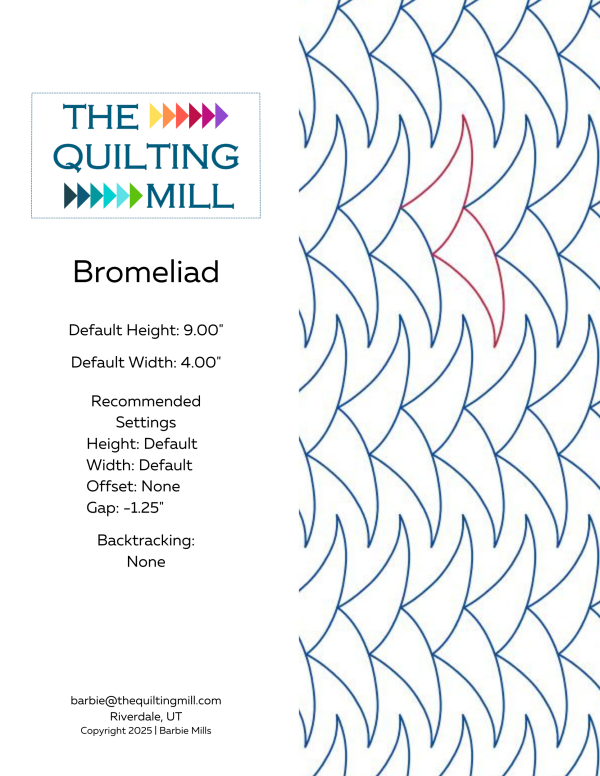 Bromeliad botanical quilting pantograph info sheet – specs and settings for digital botanical pantographs for longarm quilting machines