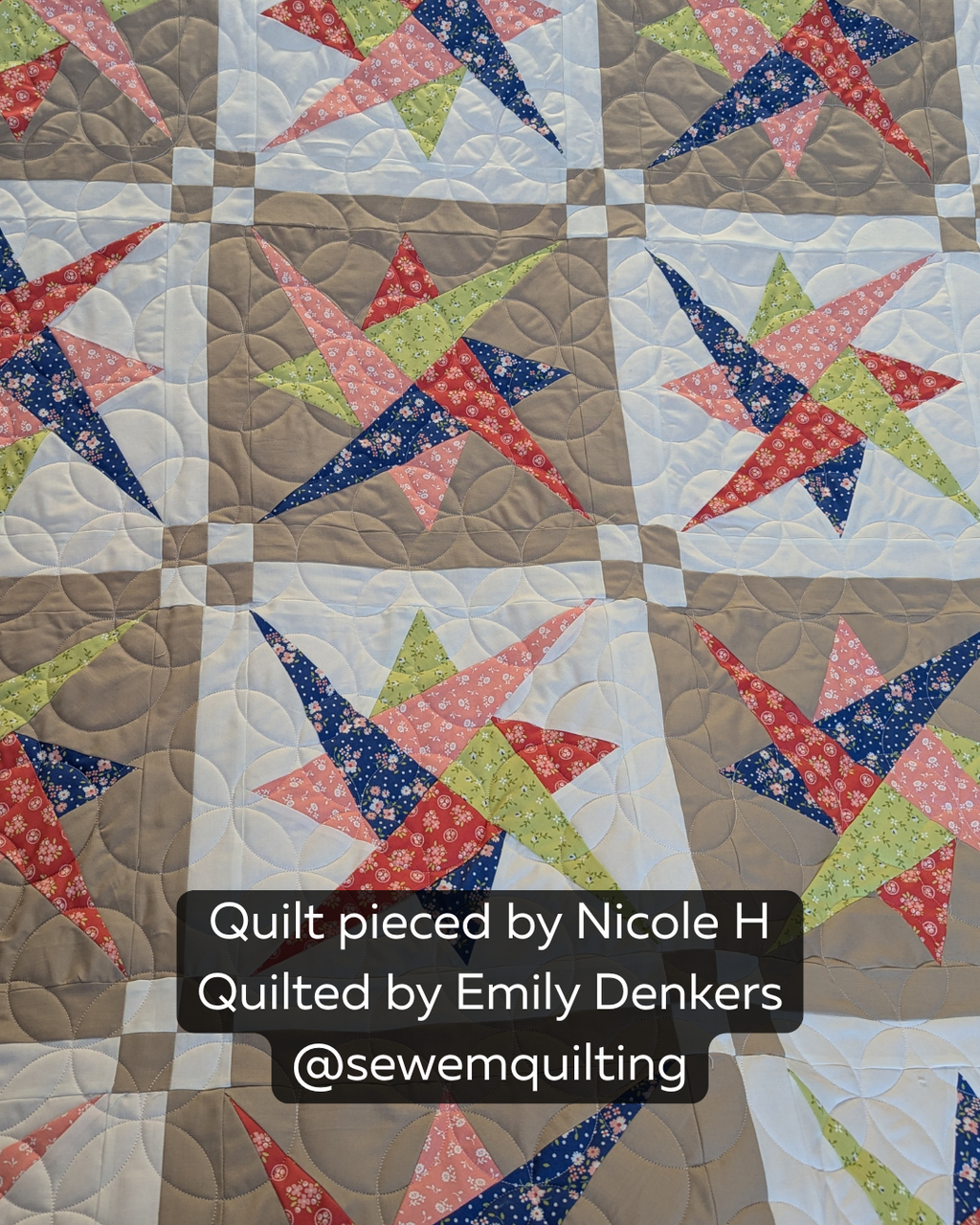 Bubbling Orange Peel quilting pantograph stitched across a colorful patchwork quilt with overlapping curved loops and flowing orange peel motifs.