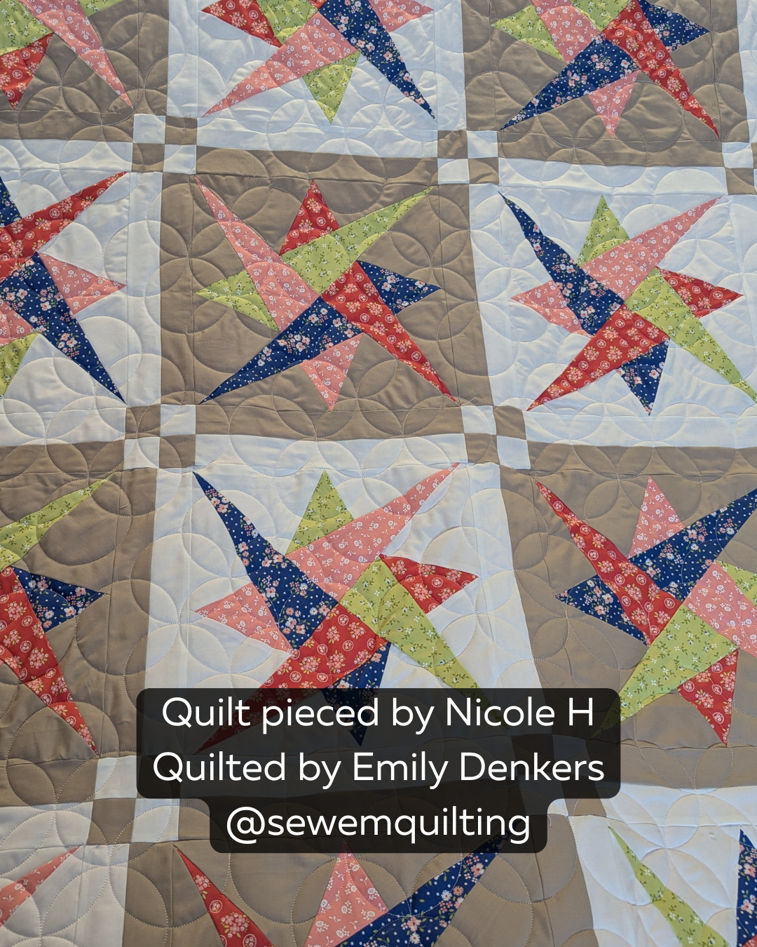 Bubbling Orange Peel quilting pantograph stitched across a colorful patchwork quilt with overlapping curved loops and flowing orange peel motifs.
