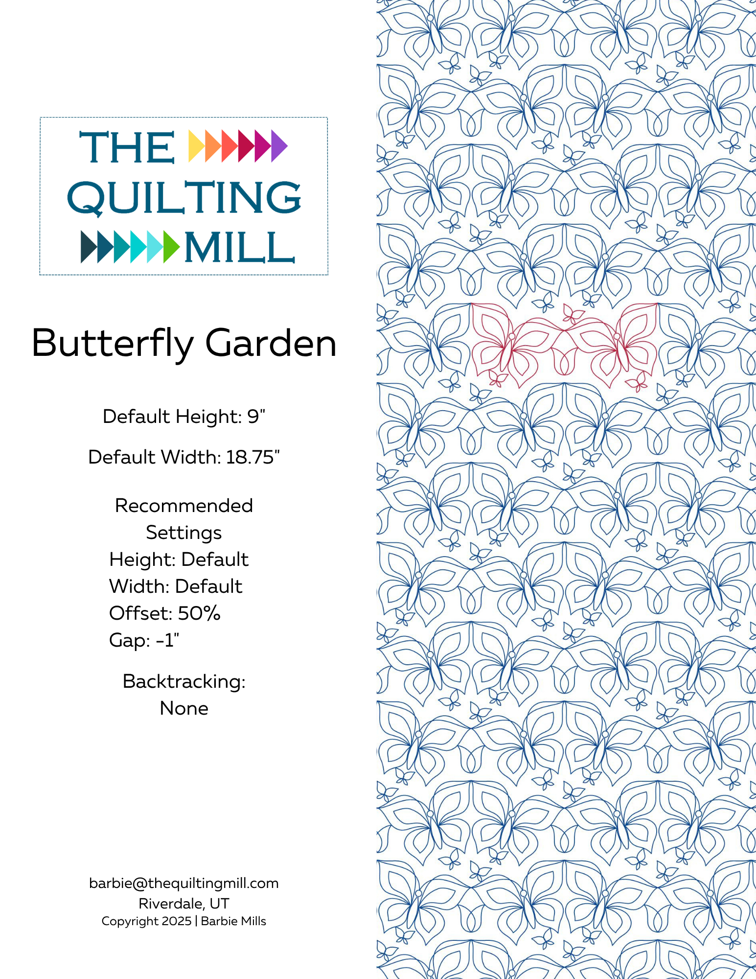 Butterfly Garden digital butterfly pantograph info sheet – specs and settings for digital butterfly pantographs for longarm quilting machines
