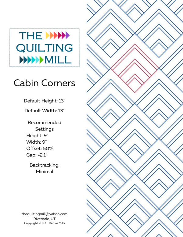 Cabin Corners quilt pantograph product info sheet with file formats and specifications for digital pantographs and longarm quilting machines