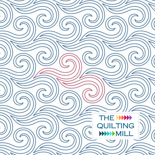 Carried Away digital swirl quilting pantograph pattern with flowing ocean curves and The Quilting Mill logo