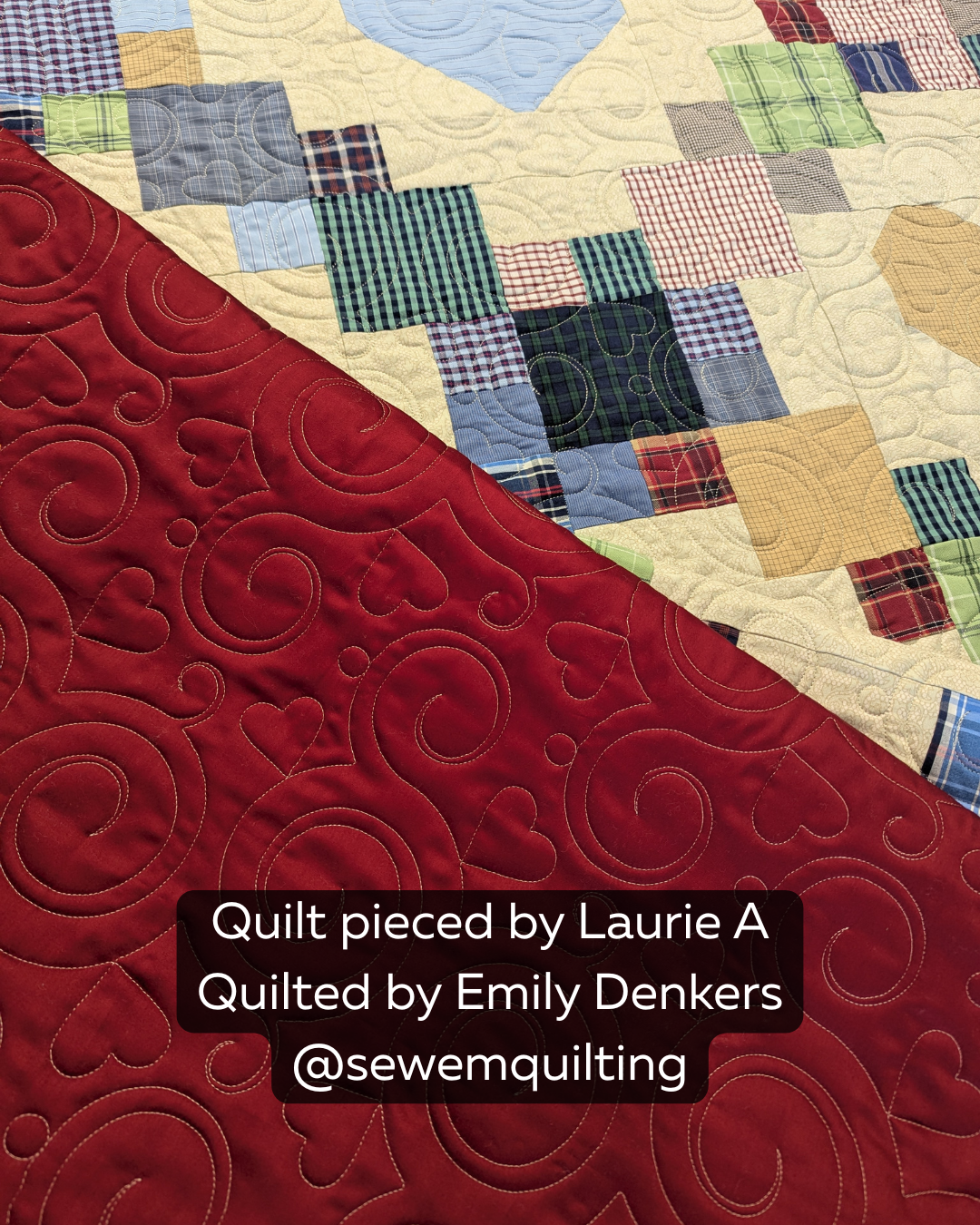 Charming Hearts Valentine’s pantograph stitched across a cozy patchwork quilt featuring swirling heart motifs, loops, and elegant edge-to-edge quilting details.