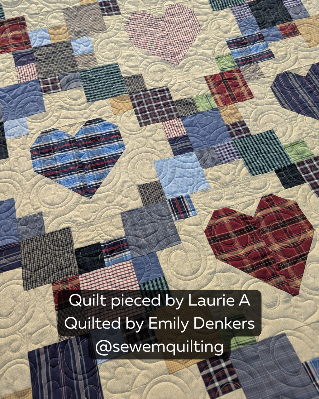 Charming Hearts Valentine’s pantograph stitched across a cozy patchwork quilt featuring heart motifs, plaid fabrics, and flowing edge-to-edge quilting designs.