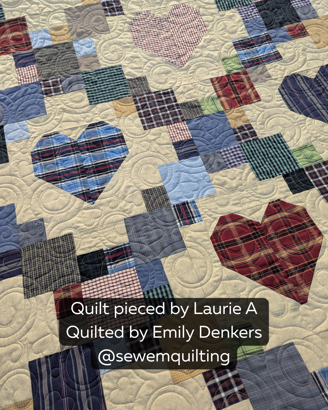 Charming Hearts Valentine’s pantograph stitched across a cozy patchwork quilt featuring heart motifs, plaid fabrics, and flowing edge-to-edge quilting designs.