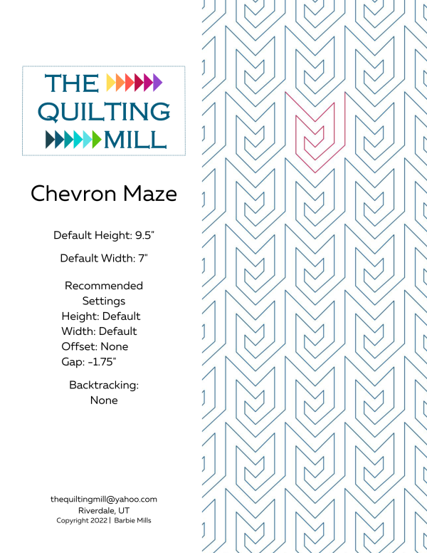 Chevron Maze longarm digital pattern info sheet showing product specs, recommended settings, and supported quilting machine file formats