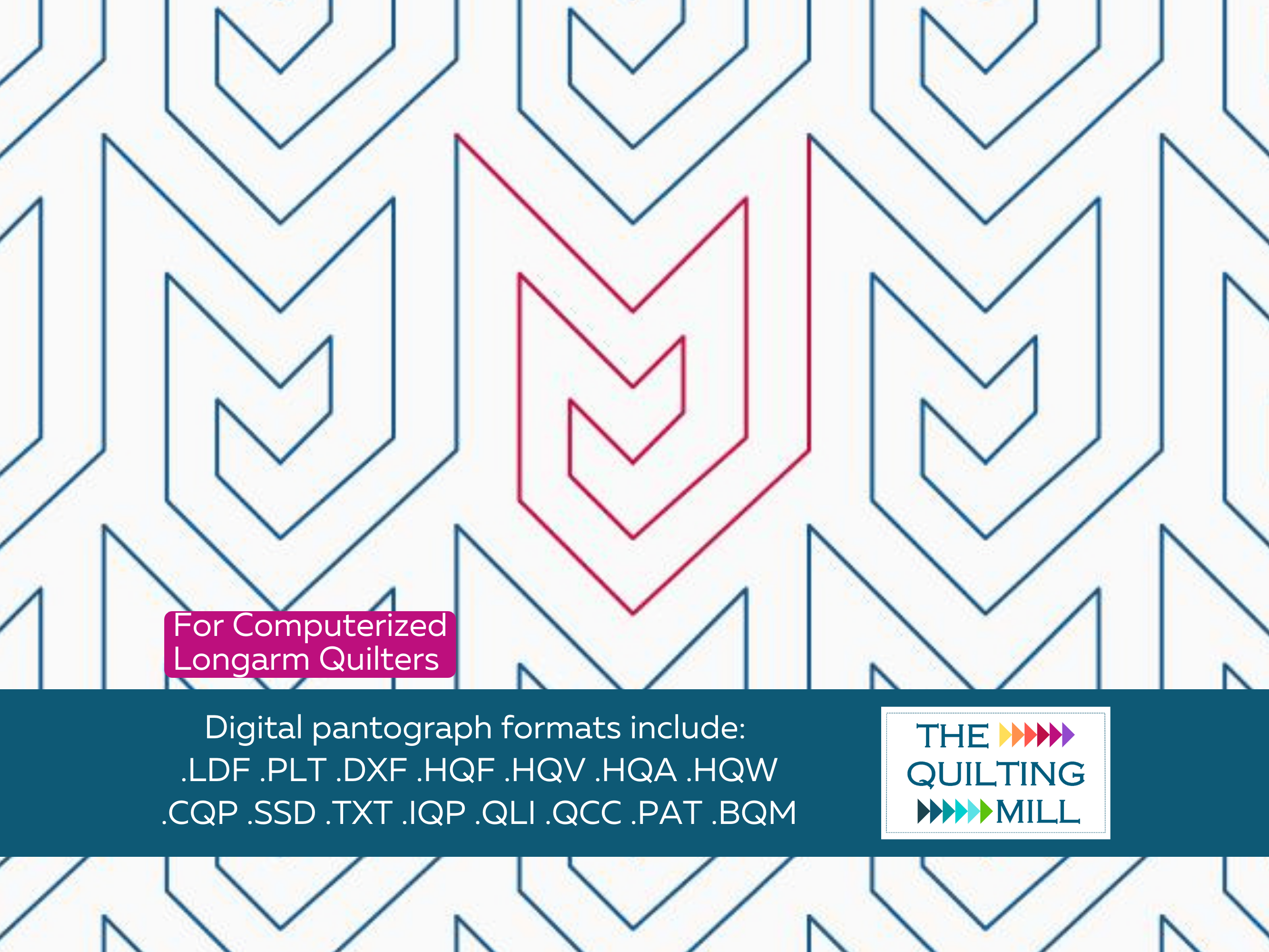 Chevron Maze digital pantograph for longarm quilting full design view with The Quilting Mill logo showing complete edge-to-edge pattern