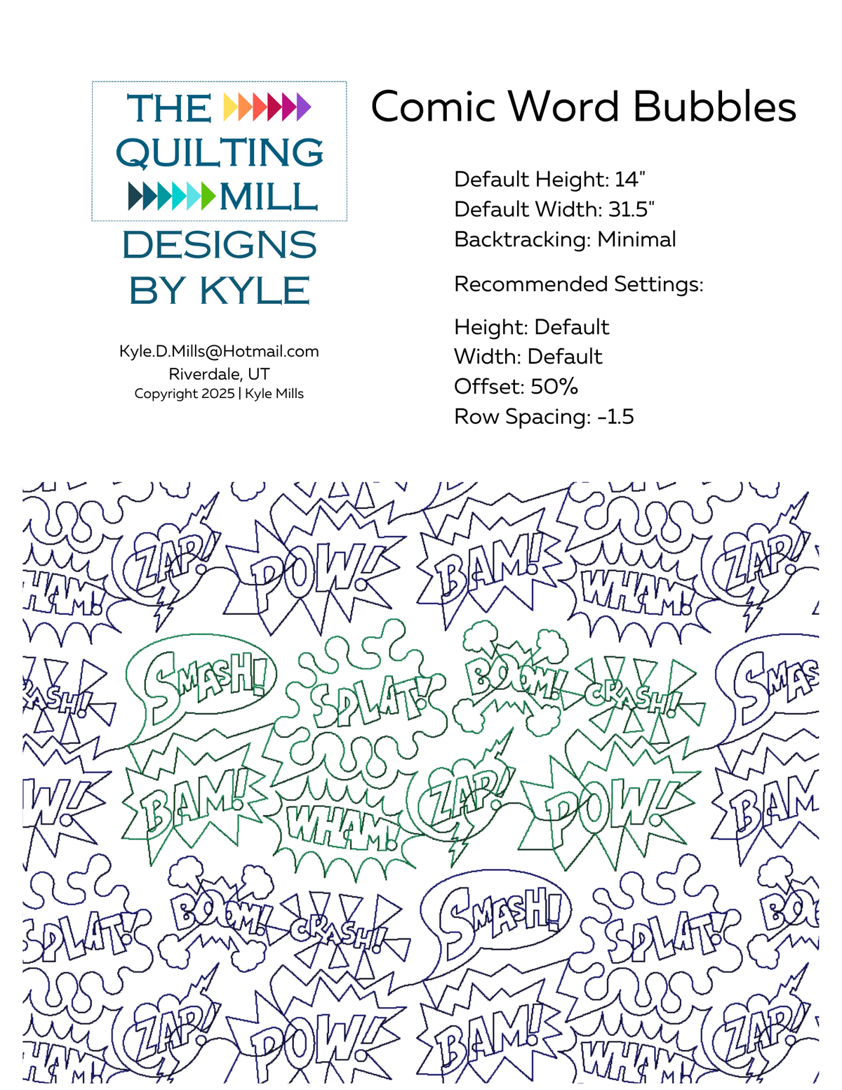 Comic Word Bubbles digital pantograph info sheet listing default height, width, 50 percent offset and recommended row spacing for longarm quilting