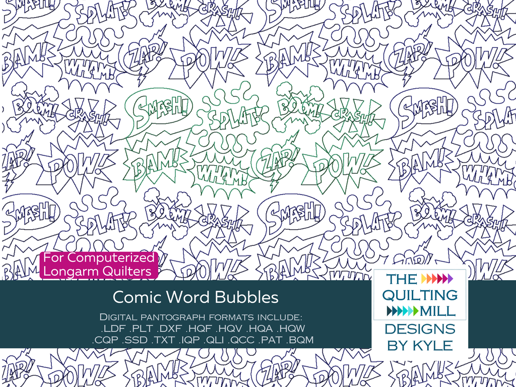 Comic Word Bubbles pop art quilting pantograph product image showing BAM POW ZAP comic book action words for longarm quilting