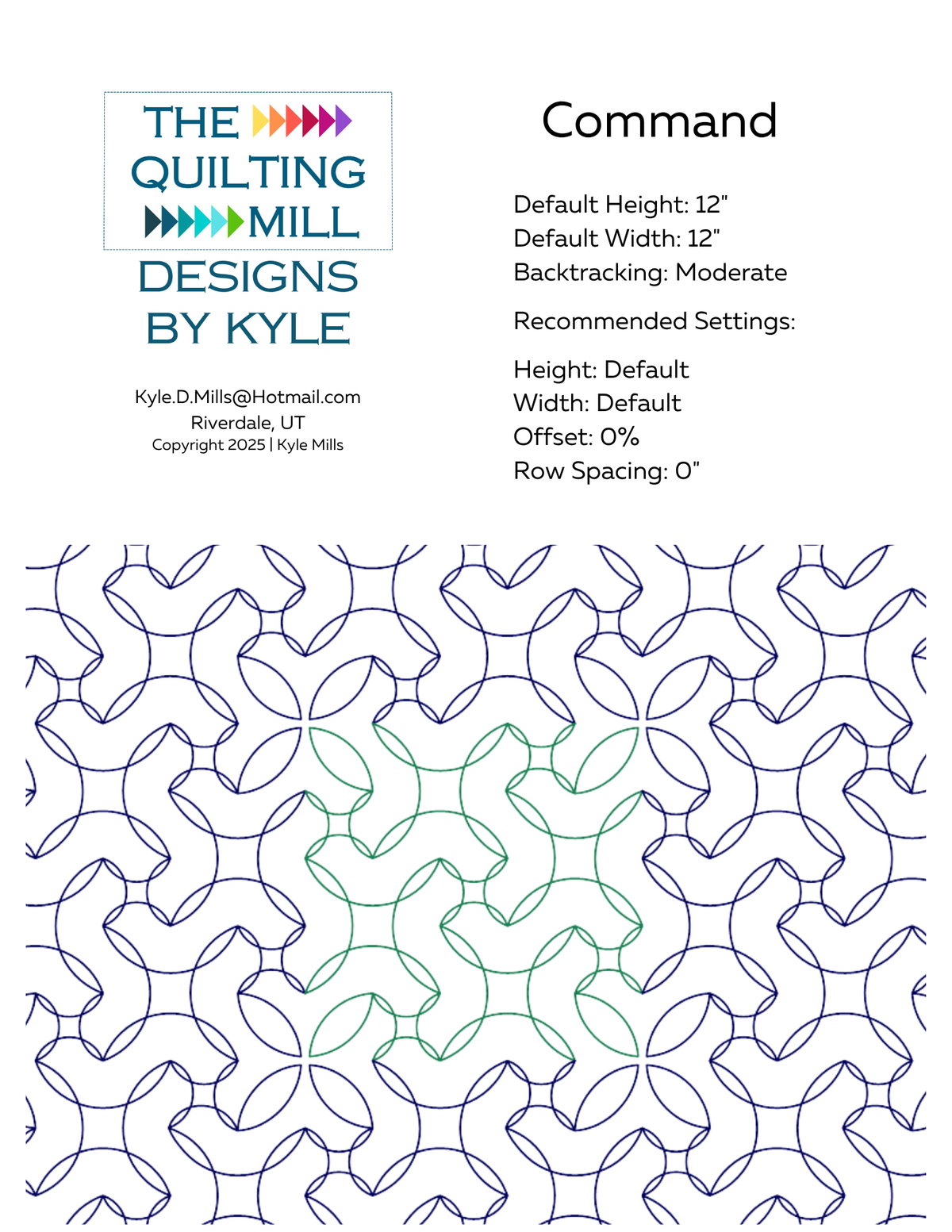 Command digital pantograph info sheet listing default height, width, 0 percent offset and recommended row spacing for longarm quilting