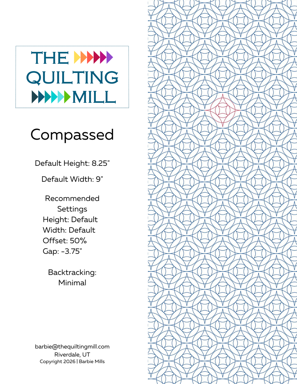 Compassed digital quilting design product info sheet showing height, width, offset and backtracking specs for longarm quilting machines