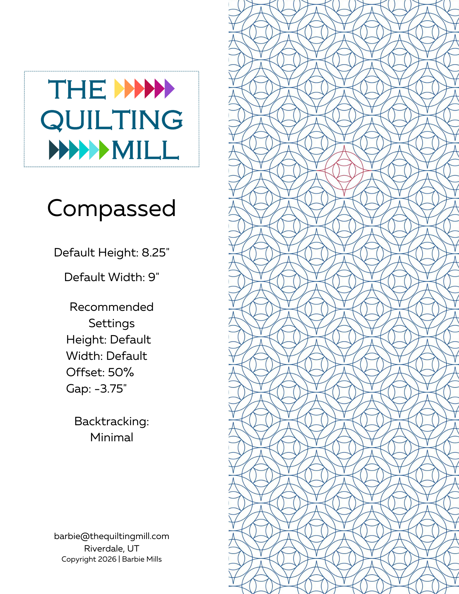 Compassed digital quilting design product info sheet showing height, width, offset and backtracking specs for longarm quilting machines