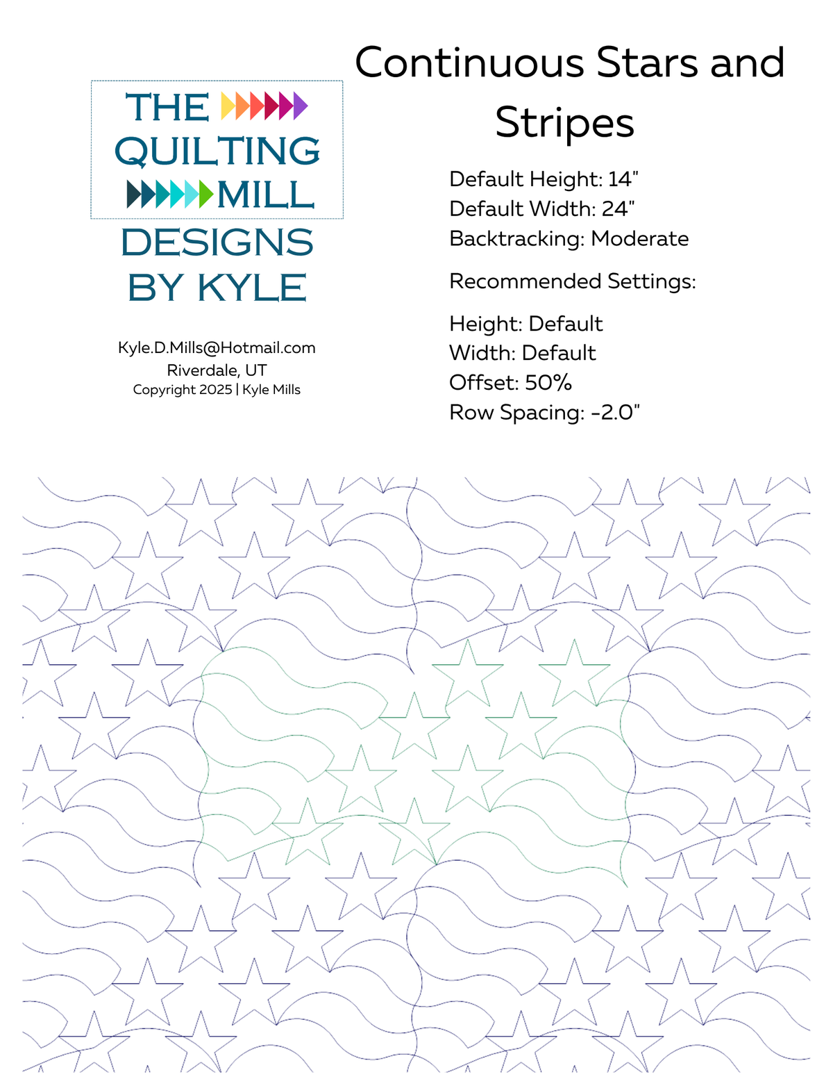 Continuous Stars and Stripes digital pantograph info sheet listing default height, width, 50 percent offset and recommended row spacing for longarm quilting