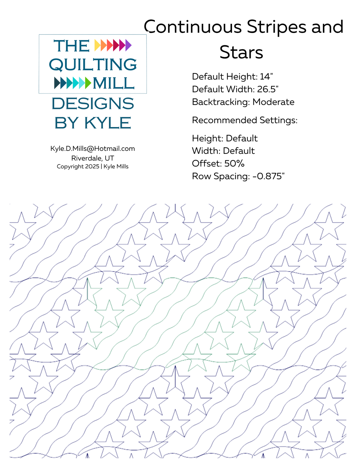 Continuous Stripes and Stars digital pantograph info sheet listing default height, width, 50 percent offset and recommended row spacing for longarm quilting