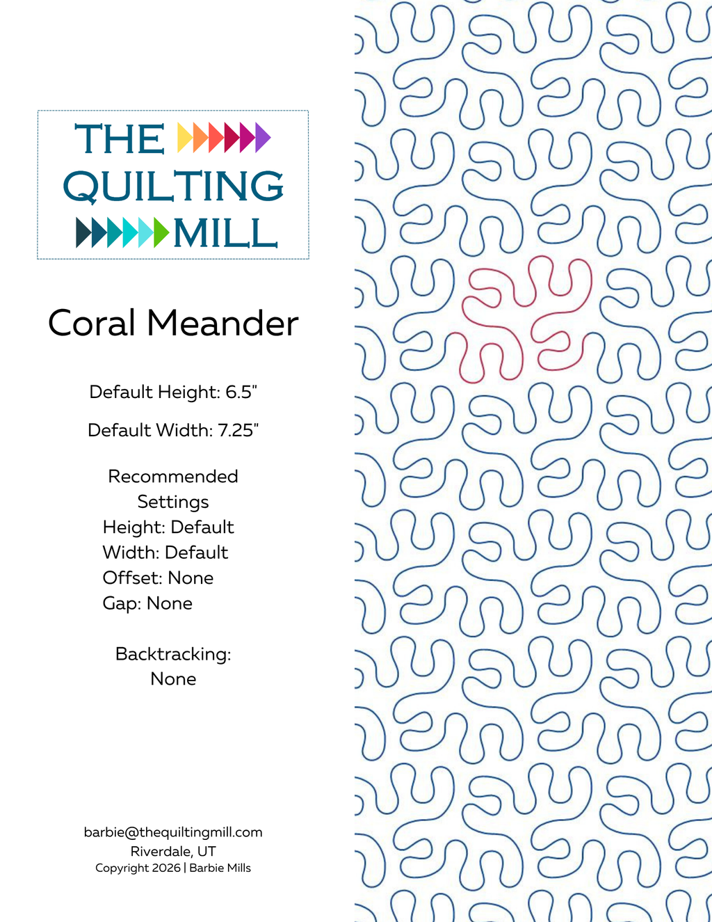 Coral Meander digital quilting pantograph with playful rounded organic shapes