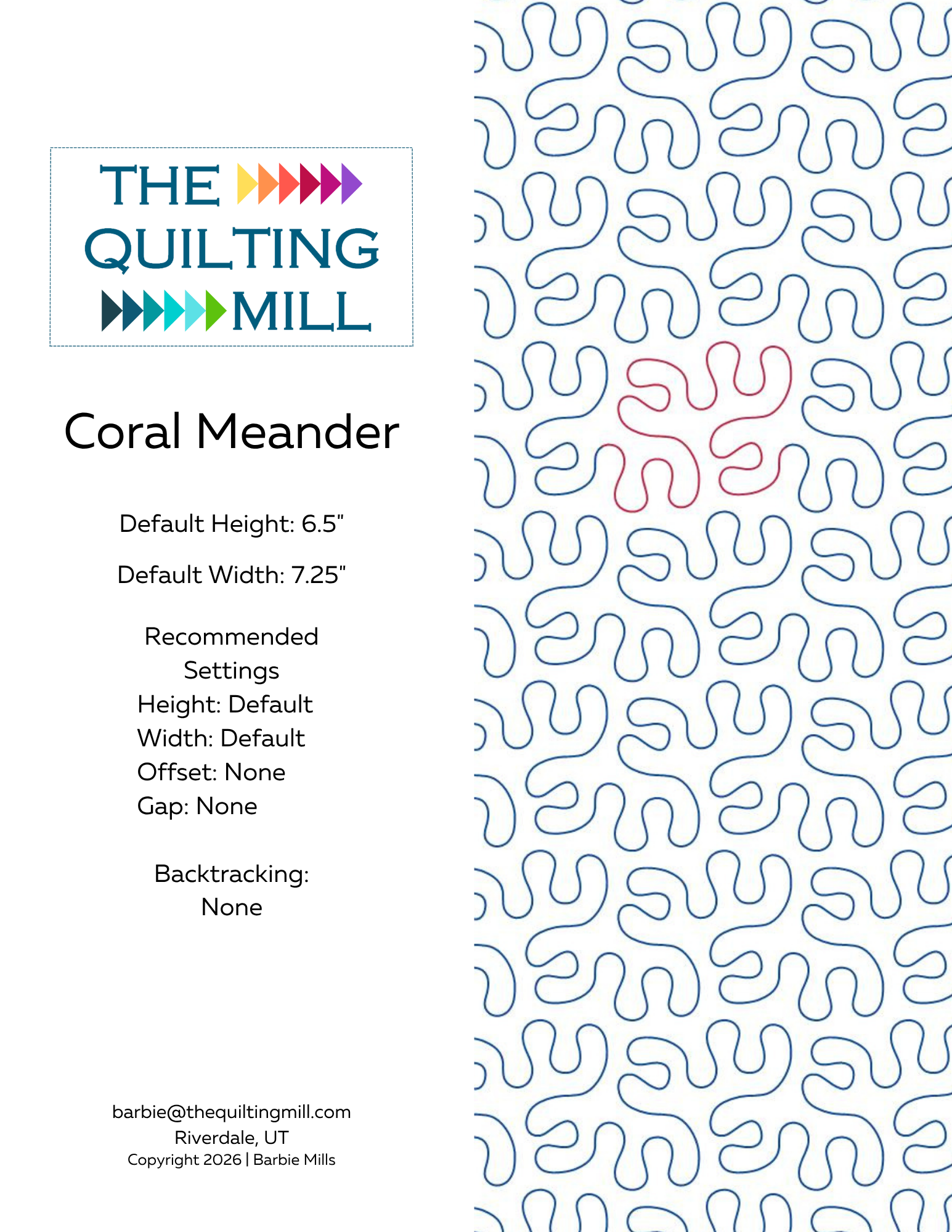 Coral Meander digital quilting pantograph with playful rounded organic shapes