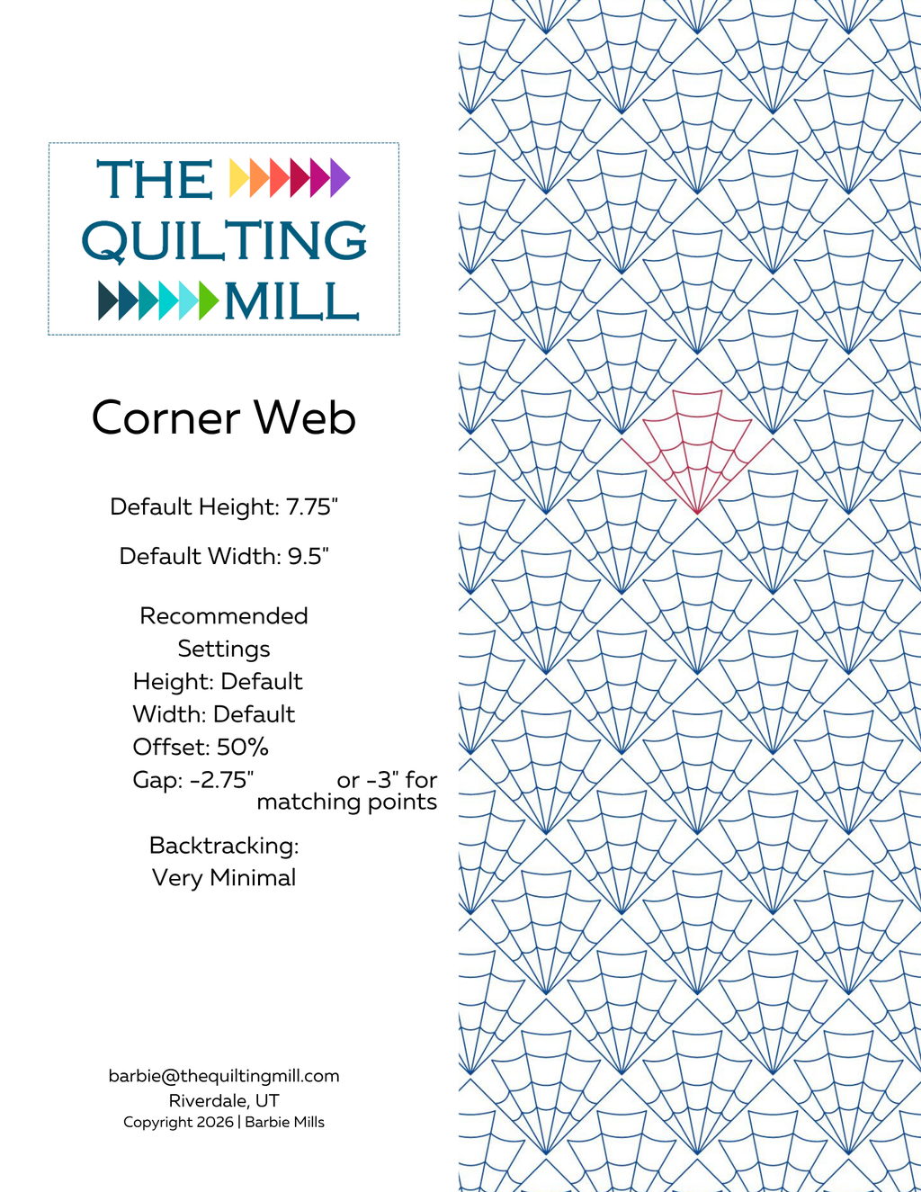 Corner Web digital pantograph info sheet with default size, 50% offset, gap settings, and very minimal backtracking