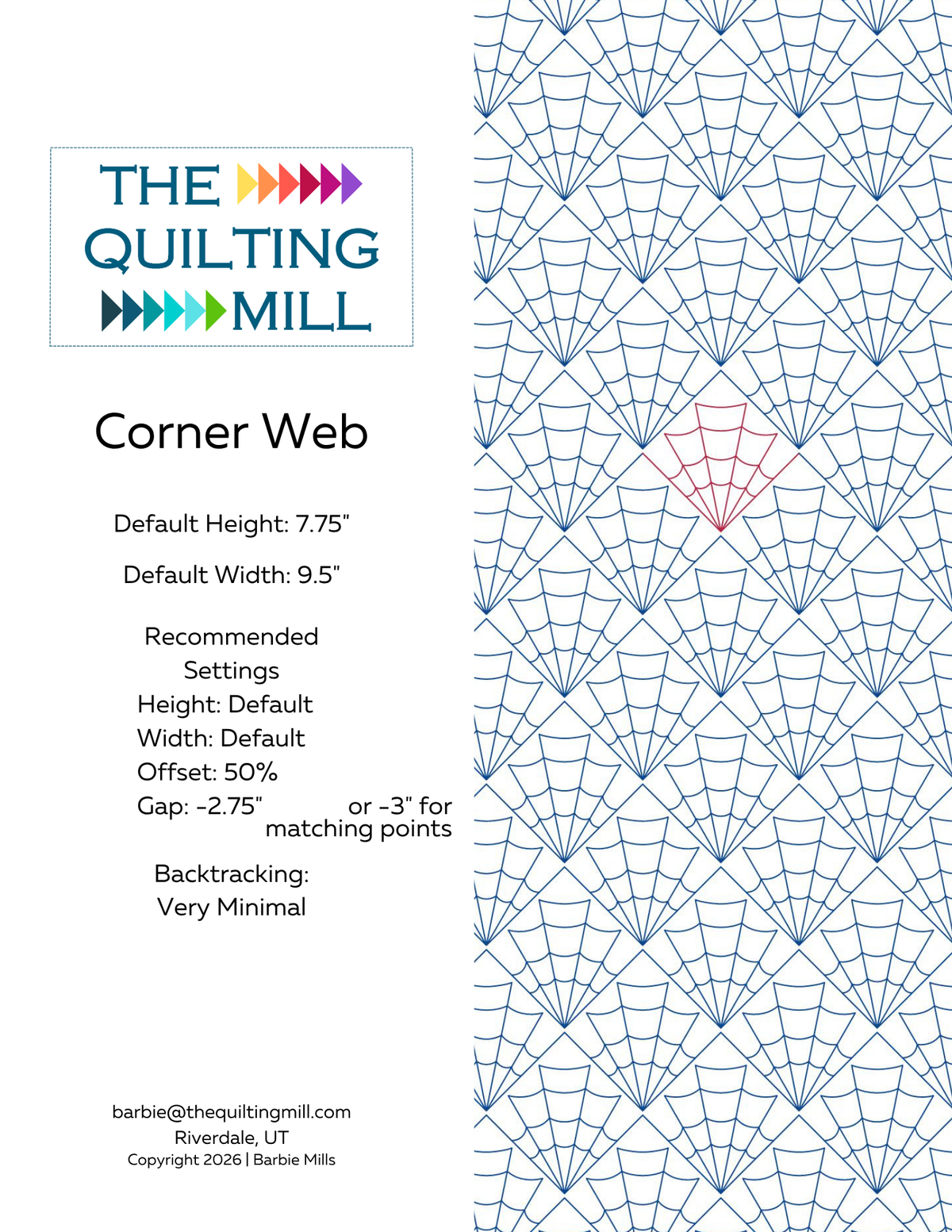 Corner Web digital pantograph info sheet with default size, 50% offset, gap settings, and very minimal backtracking