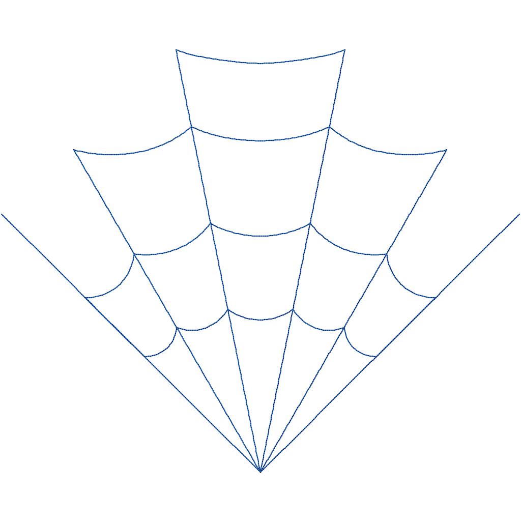 Close-up of Corner Web spiderweb quilting pattern showing one fan-shaped web with curved threads and a pointed tip