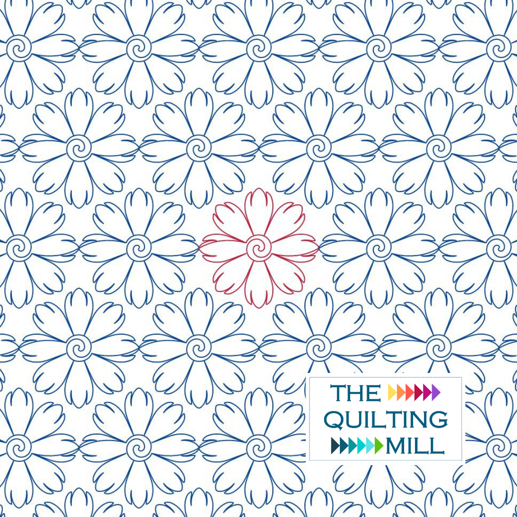 Cosmos floral quilting pantograph hero image featuring The Quilting Mill logo alongside repeating daisy blooms and swirl centers.