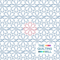 Cosmos floral quilting pantograph hero image featuring The Quilting Mill logo alongside repeating daisy blooms and swirl centers.