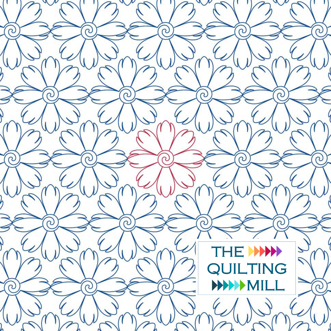 Cosmos floral quilting pantograph hero image featuring The Quilting Mill logo alongside repeating daisy blooms and swirl centers.