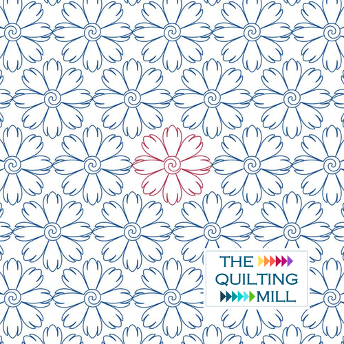 Cosmos floral quilting pantograph hero image featuring The Quilting Mill logo alongside repeating daisy blooms and swirl centers.