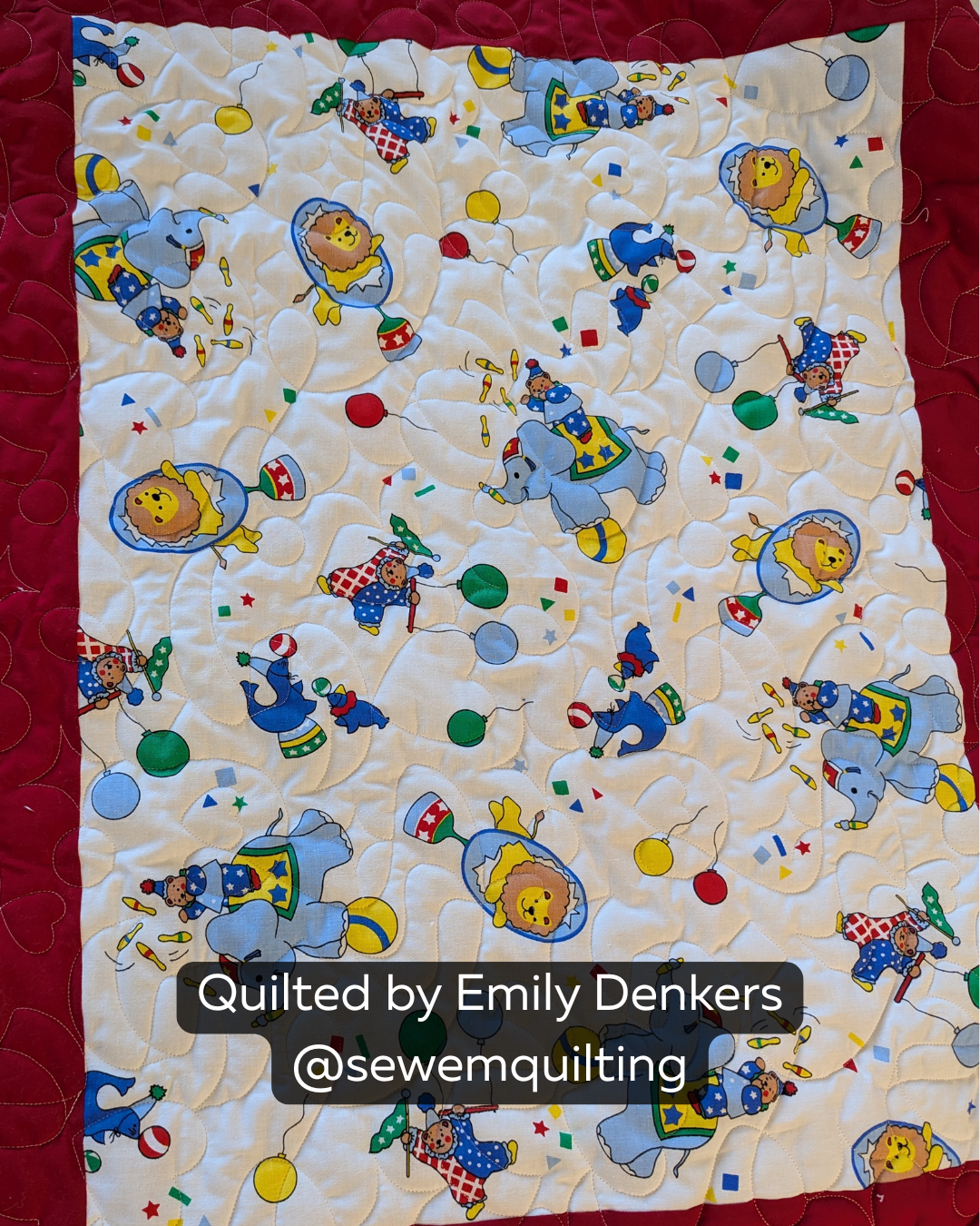 Finished children’s party quilt featuring the Cue the Confetti digital quilting pantograph with playful swirls and festive edge-to-edge stitching