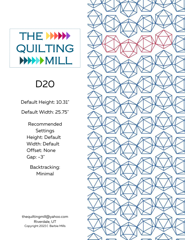 D20 gaming quilting pantograph product info sheet with specifications for digital pantograph longarm quilting machines