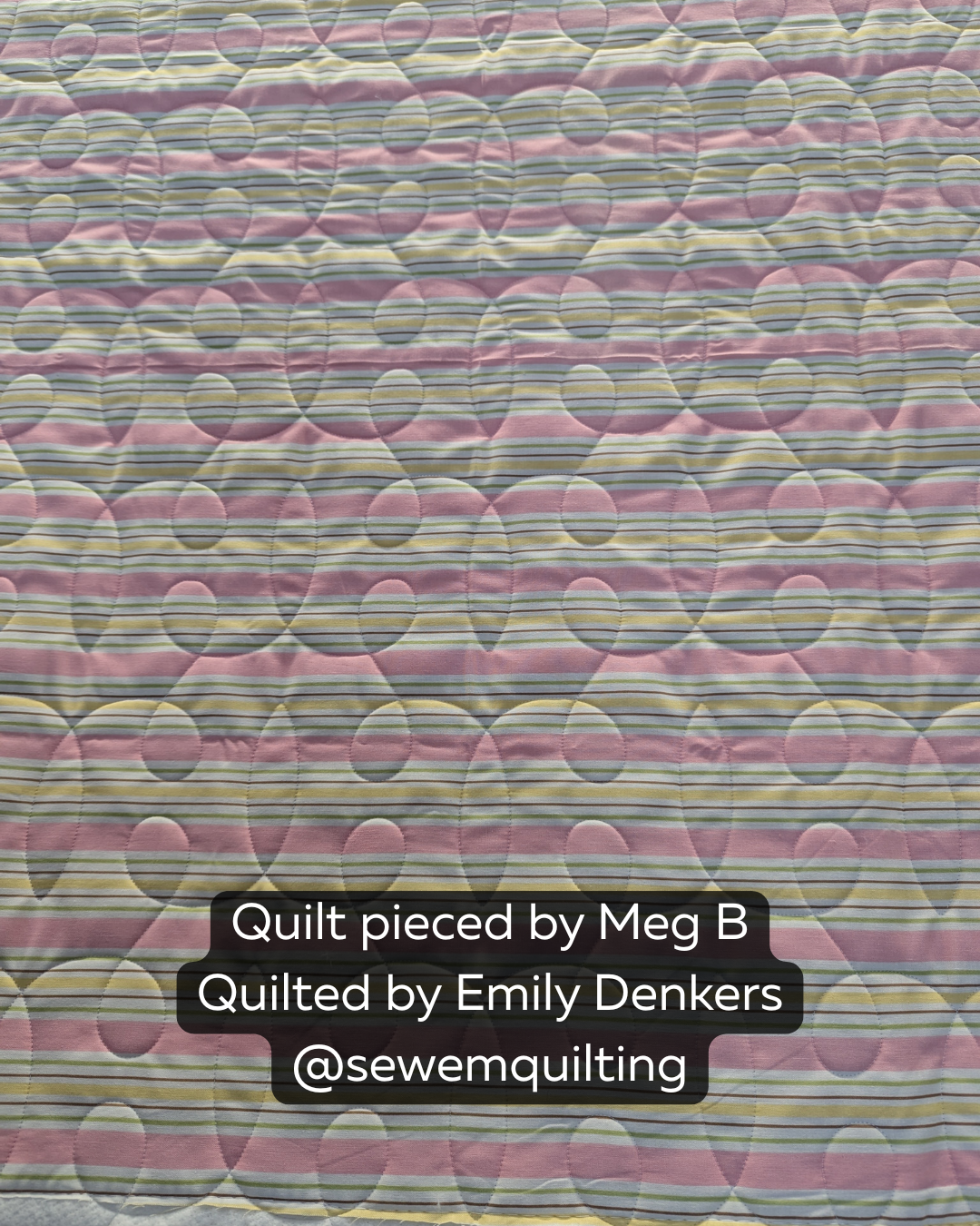 Delicate Continuous Loop pantograph stitched across a soft pastel quilt with flowing loop motifs and elegant edge-to-edge quilting texture.