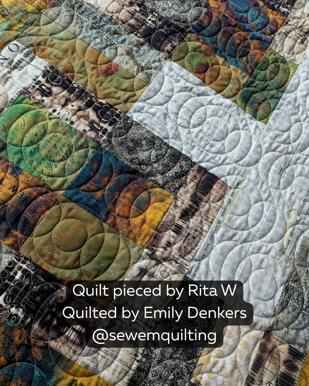 Delusion Optical Illusion digital pantograph stitched across an artistic patchwork quilt with layered curves and mesmerizing flowing geometric shapes.
