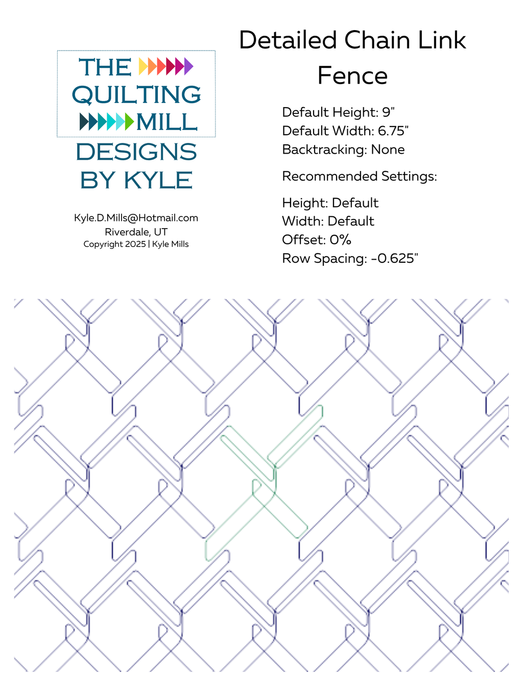 Detailed Chain Link Fence digital pantograph info sheet listing default height, width, 0 percent offset and recommended row spacing for longarm quilting