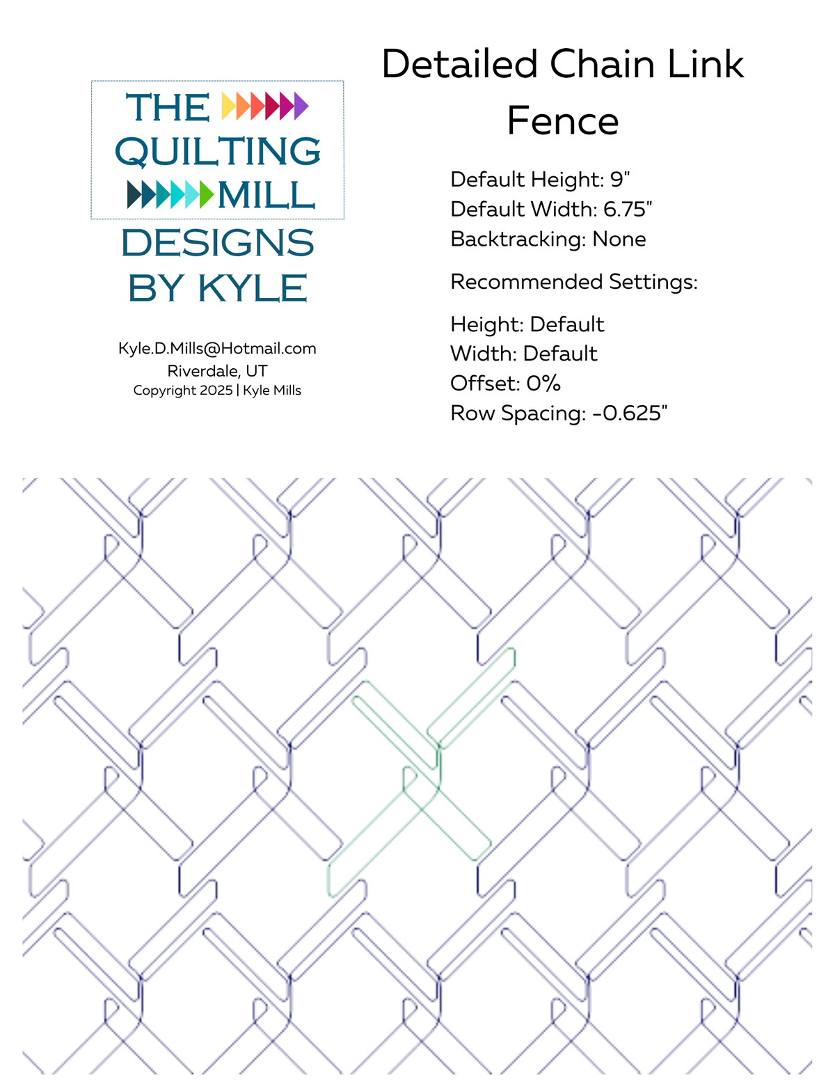 Detailed Chain Link Fence digital pantograph info sheet listing default height, width, 0 percent offset and recommended row spacing for longarm quilting