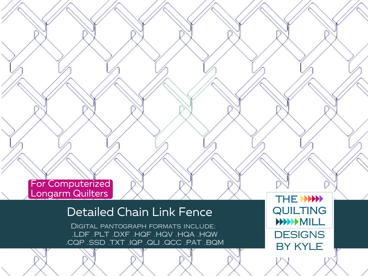 Detailed Chain Link Fence industrial quilting pantograph product image showing realistic crosshatch fence texture for longarm quilting
