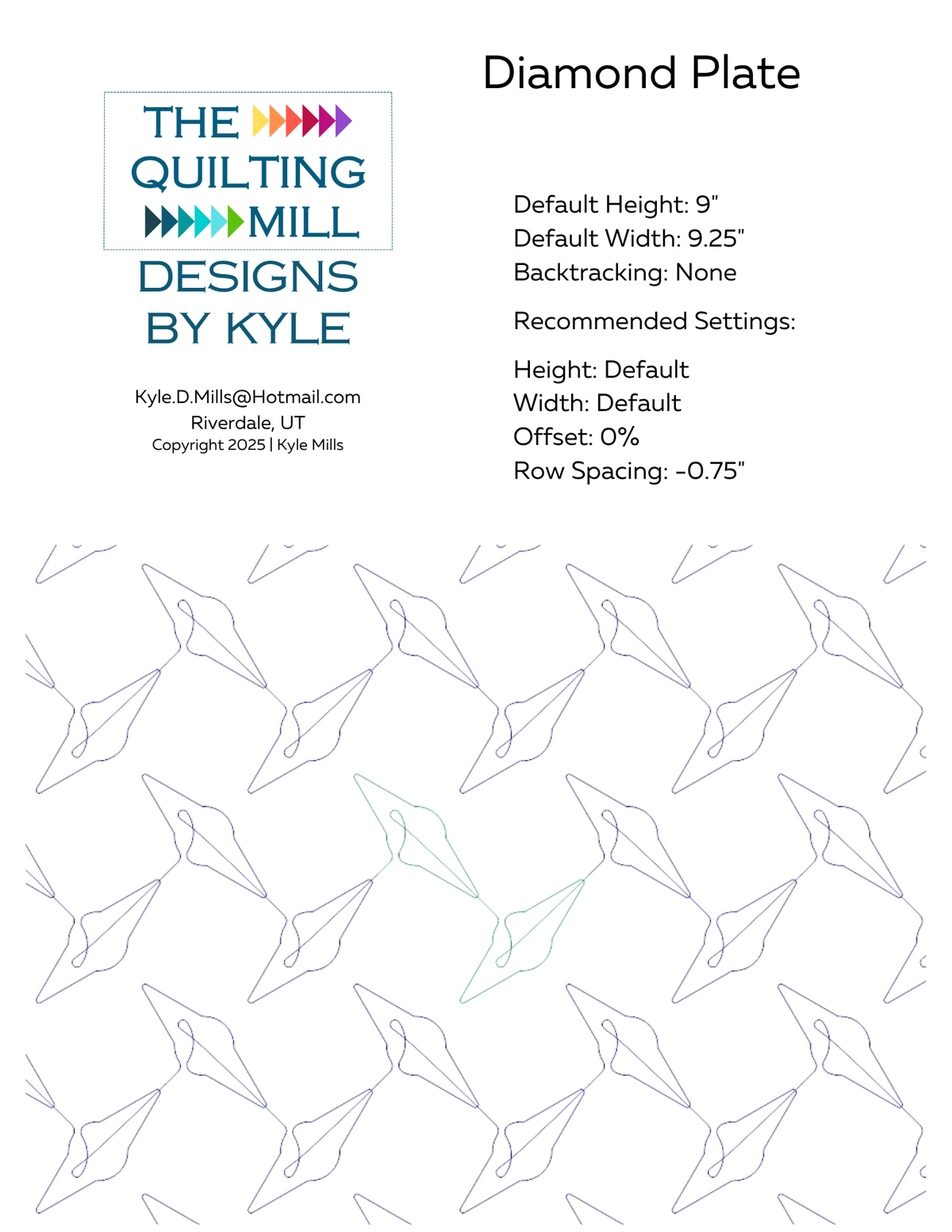 Diamond Plate digital pantograph info sheet listing default height, width, 0 percent offset and recommended row spacing for longarm quilting