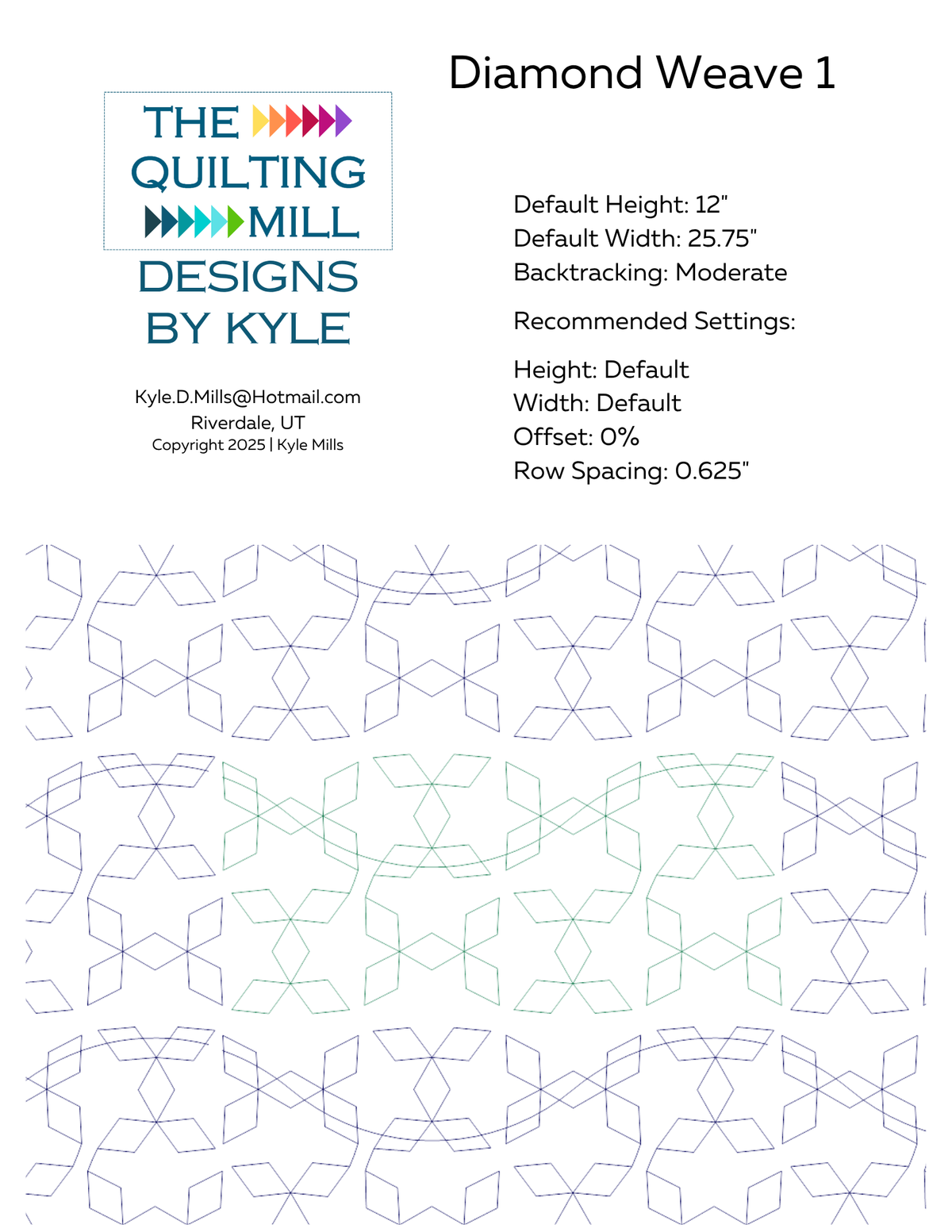 Diamond Weave 1 digital pantograph info sheet listing default height, width, 0 percent offset and recommended row spacing for longarm quilting