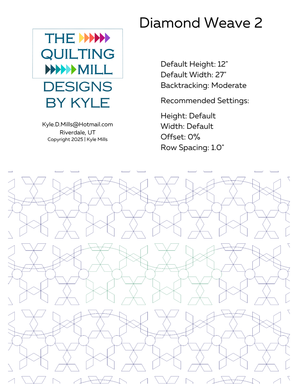 Diamond Weave 2 digital pantograph info sheet listing default height, width, 0 percent offset and recommended row spacing for longarm quilting
