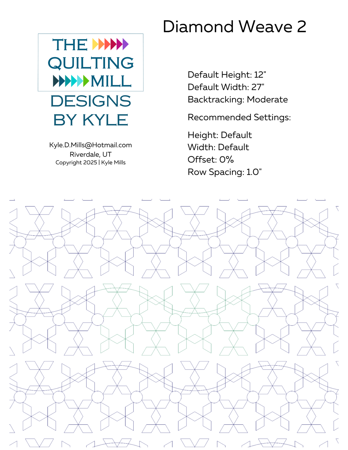 Diamond Weave 2 digital pantograph info sheet listing default height, width, 0 percent offset and recommended row spacing for longarm quilting