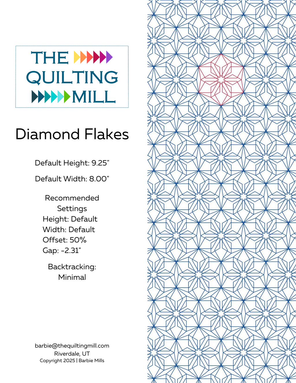 Product info sheet for Diamond Flakes modern Christmas digital quilting design specs and file formats