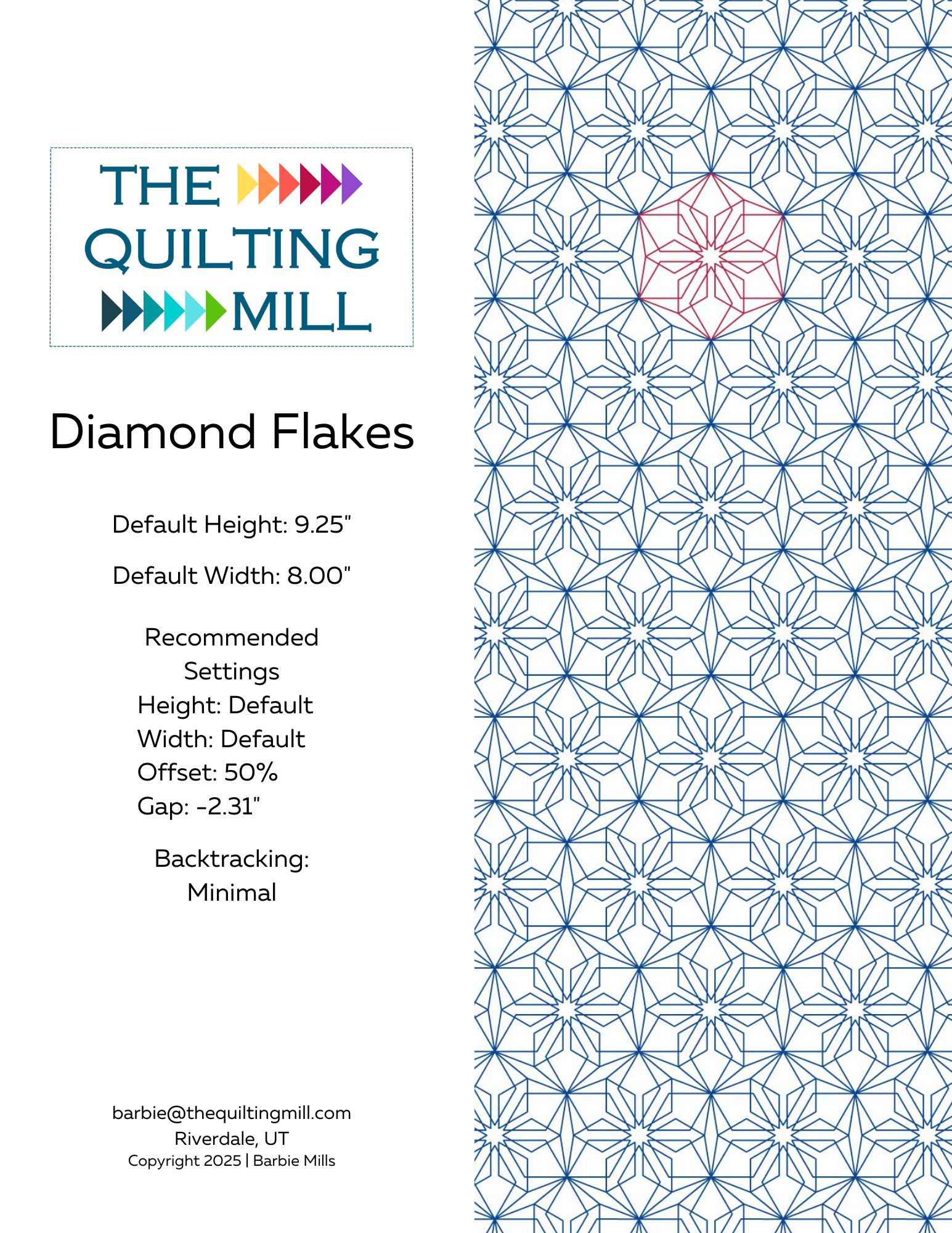 Product info sheet for Diamond Flakes modern Christmas digital quilting design specs and file formats