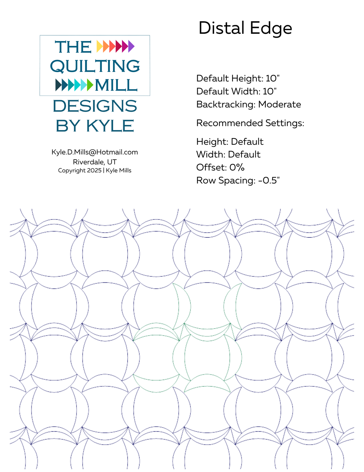 Distal Edge pantograph info sheet with 10 inch size, 0% offset, -0.5 inch gap and moderate backtracking