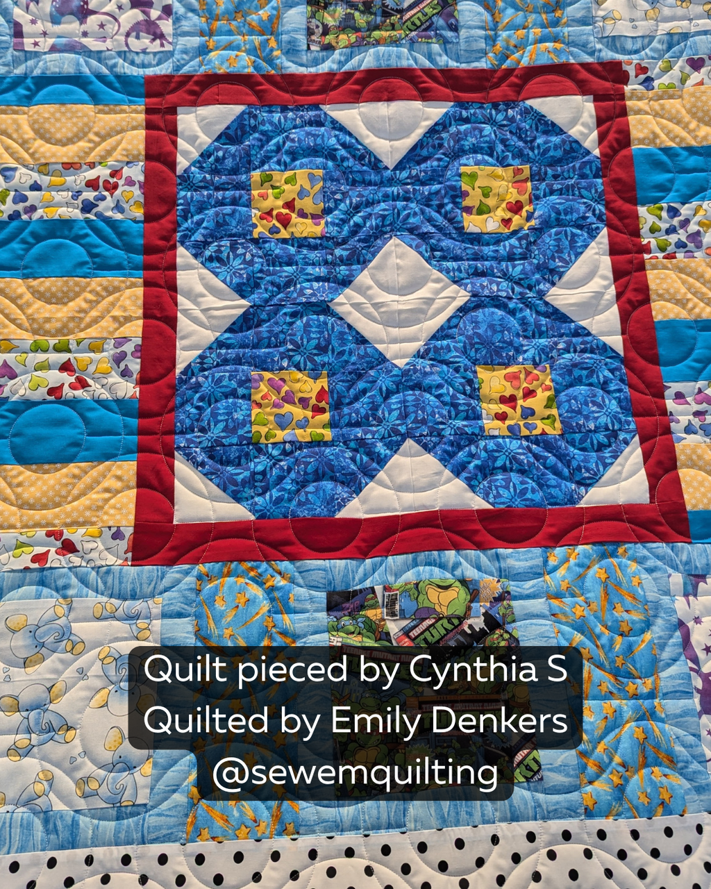 Doing Donuts whimsical circle pantograph stitched across a colorful quilt with playful circular loops and flowing edge-to-edge quilting designs.