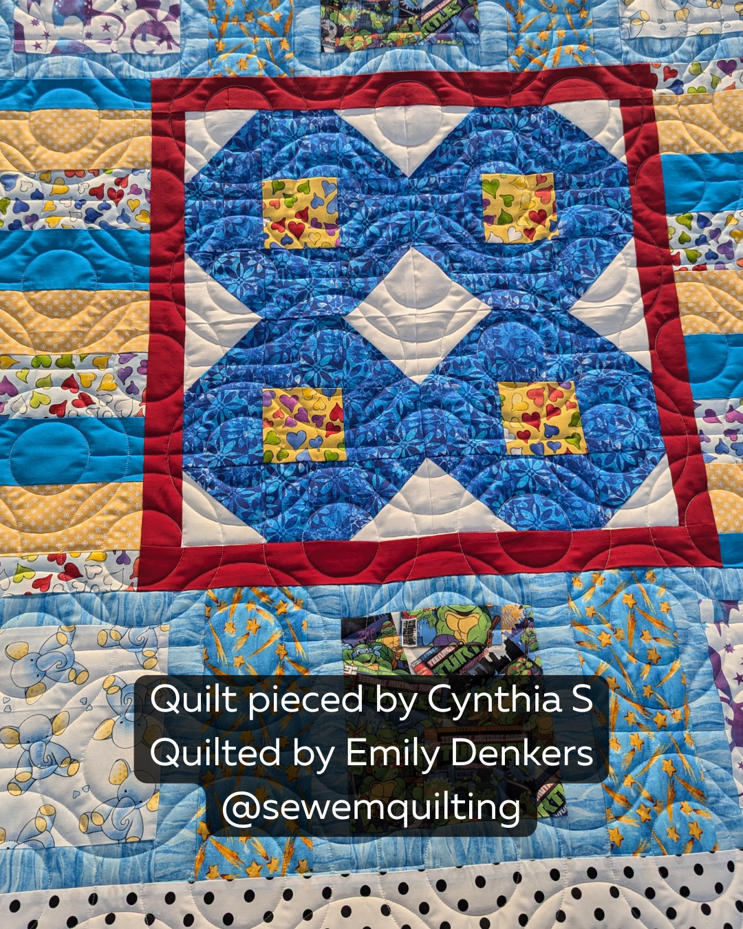 Doing Donuts whimsical circle pantograph stitched across a colorful quilt with playful circular loops and flowing edge-to-edge quilting designs.