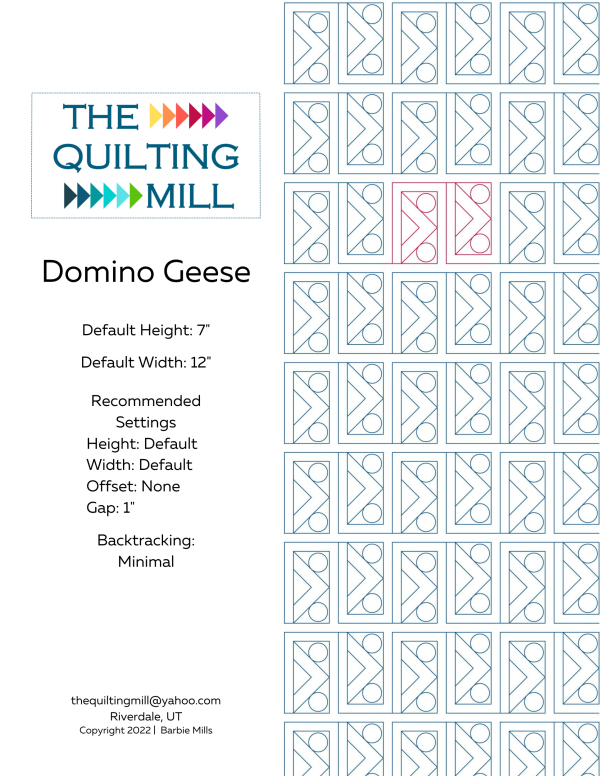 Domino Geese quilting pantograph product info sheet with specifications for digital pantograph longarm quilting machines