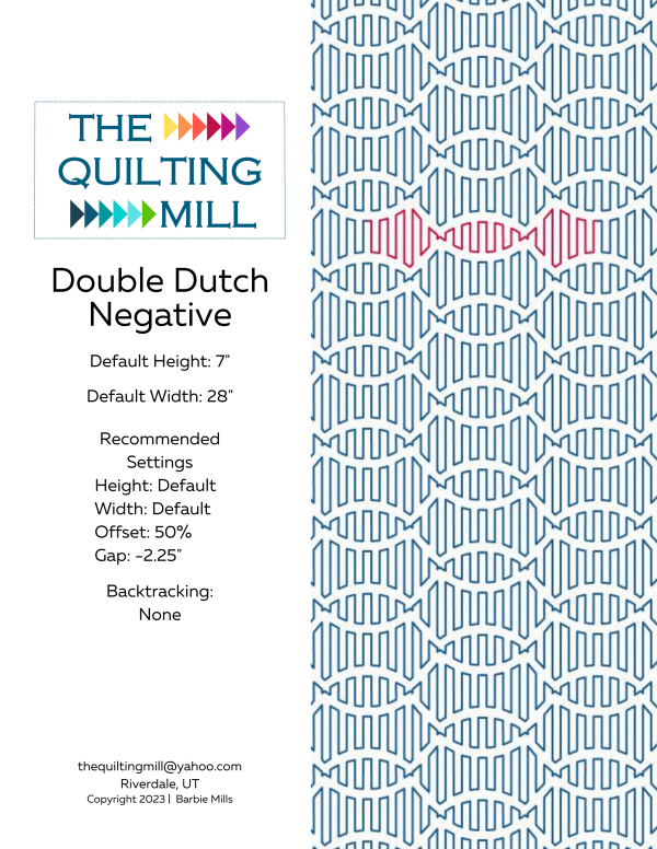 Double Dutch Negative modern longarm pantograph info sheet with file formats and specifications for digital pantographs and longarm quilting machines
