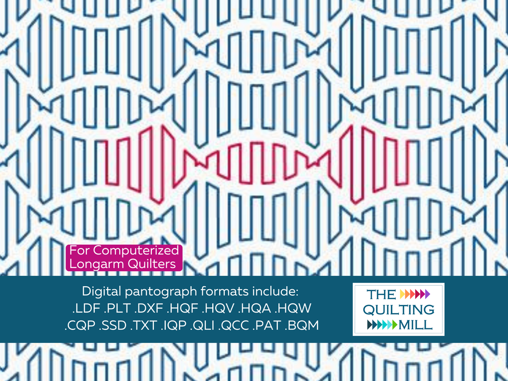 Double Dutch Negative modern longarm pantograph info sheet with file formats and specifications for digital pantographs and longarm quilting machines