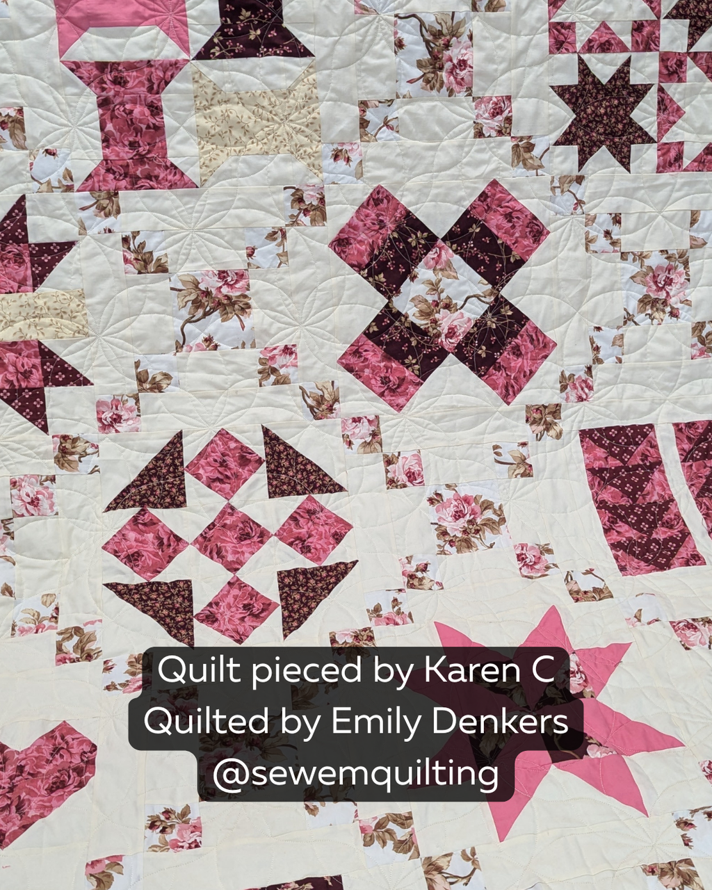 Double Orange Peel geometric flower pantograph stitched across a floral patchwork quilt with elegant curved petals and continuous edge-to-edge quilting lines.