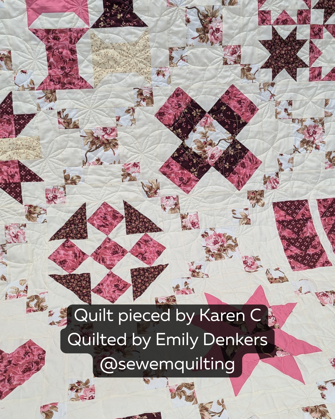 Double Orange Peel geometric flower pantograph stitched across a floral patchwork quilt with elegant curved petals and continuous edge-to-edge quilting lines.
