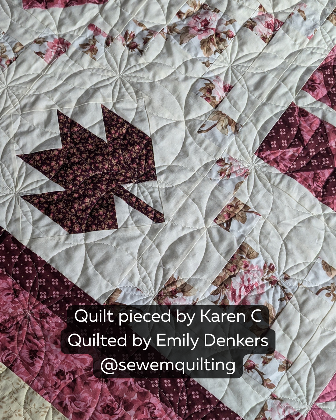 Double Orange Peel geometric flower pantograph stitched on a floral quilt, featuring elegant curved quilting lines and petal-like shapes.