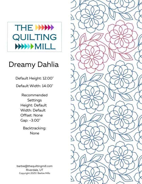 Dreamy Dahlia floral pantograph info sheet – specs and settings for digital floral pantographs for longarm quilting machines